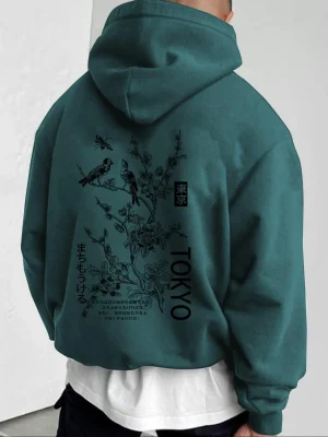 Men's Floral & Bird Print Drawstring Pocket Pullover Hoodie, Graphic Hoodies, Casual Regular Fit Long Sleeve Hooded Sweatshirt, Graphic Sweatshirts, Men's Clothes for Fall & Winter