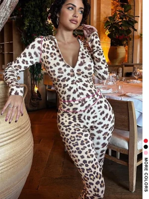 Women's Leopard Print Zipper Crop Top & Pants Two-Piece Set, Casual Long Sleeve Top & Trousers for Spring & Fall, Lady's Clothes for Daily Wear, Stretchy Outfit Sets, Womenswear