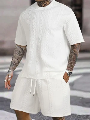 Men's 2 Counts Textured Drawstring Waist Shorts Set, Short Sleeve T-Shirt & Pocket Track Shorts, Casual Fashion Cozy Men Two-Piece Outfits For Spring & Fall Clothes