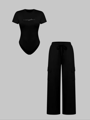 Women's Knit Soft Letter Print Two-Piece Set, Casual Fitted Short Sleeve Round Neck Jumpsuit & Drawstring Long Pants, All Seasons Fashion Womenswear