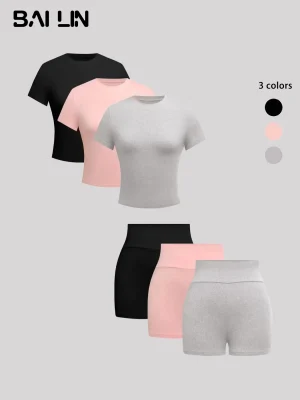Women's Solid Round Neck Tee & Skinny Shorts Set, Casual Short-Sleeve T-Shirt & Short Leggings, Women's Summer Clothes